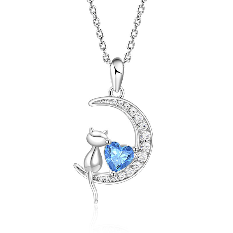 "Distant Thoughts" Cat and Heart Moon Necklace with Birthstone