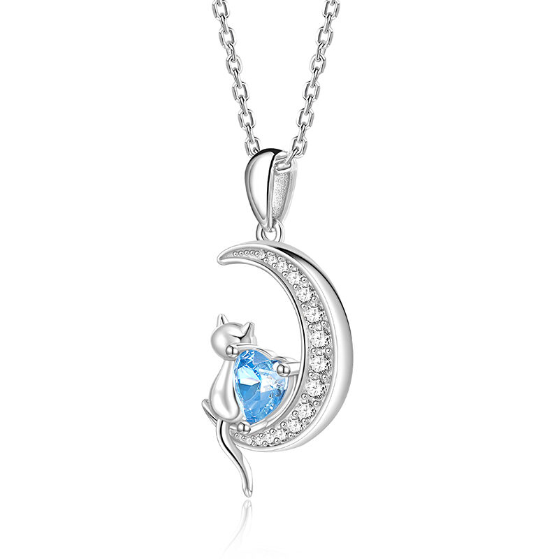 "Distant Thoughts" Cat and Heart Moon Necklace with Birthstone