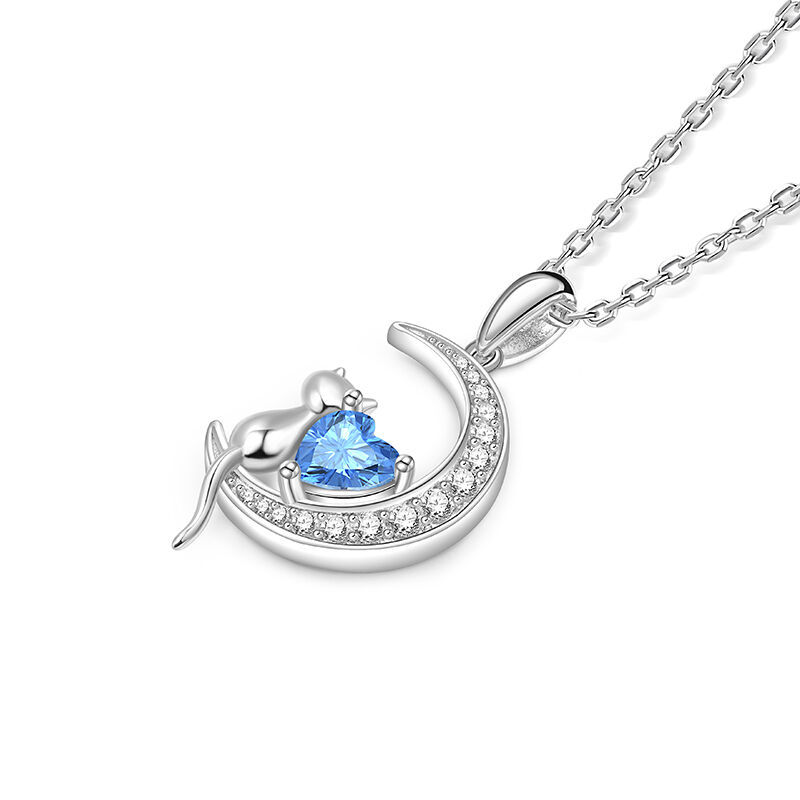 "Distant Thoughts" Cat and Heart Moon Necklace with Birthstone