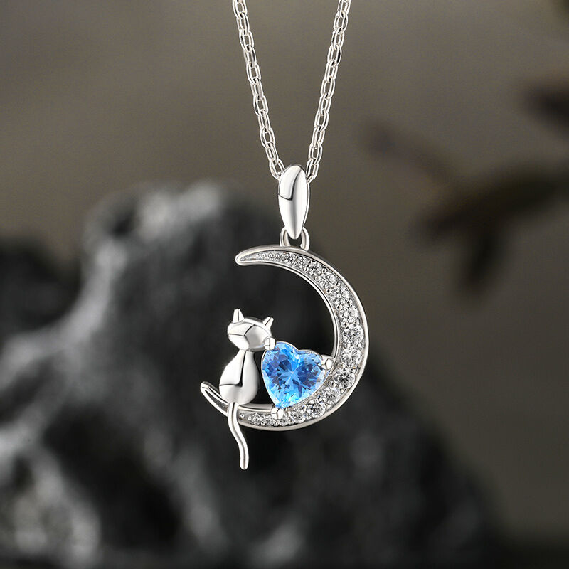 "Distant Thoughts" Cat and Heart Moon Necklace with Birthstone