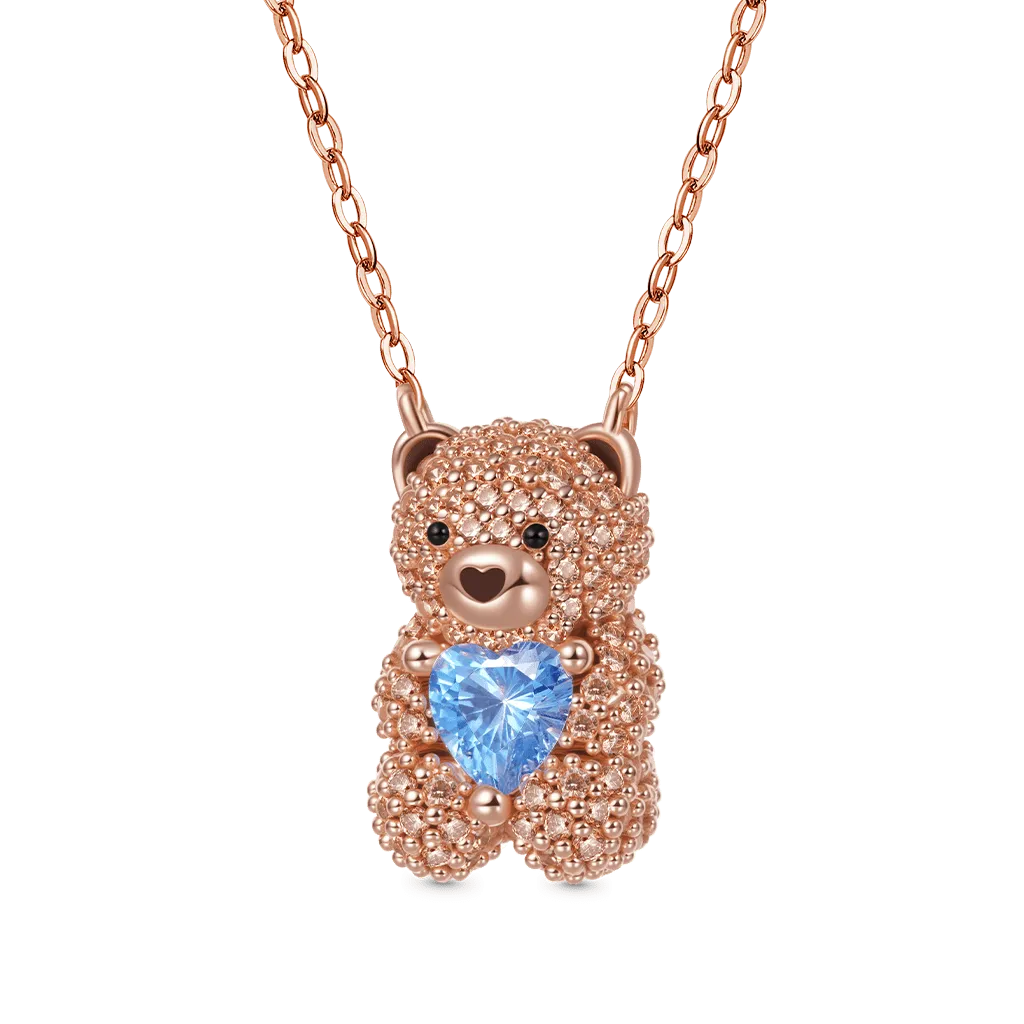 Cute Bear Embraces Heart Birthstone Necklace
