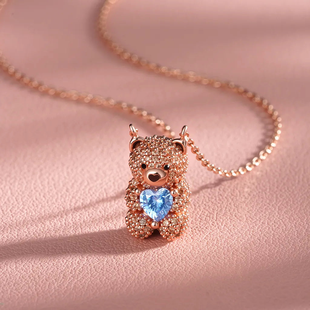 Cute Bear Embraces Heart Birthstone Necklace