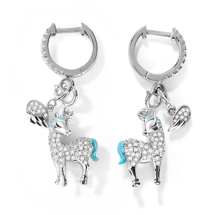 "Divine Soul and Spirit" Unicorn 925 Sterling Silver Danglers Earrings with Clear CZ Stones