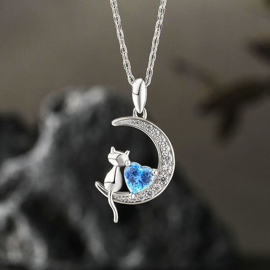 "Distant Thoughts" Cat and Heart Moon Necklace with Birthstone